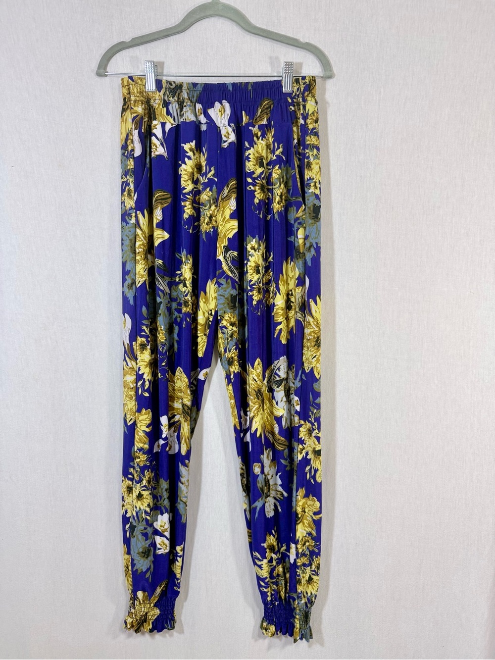 Women’s XL Floral Elastic-Waist Pants - purple & Yellow